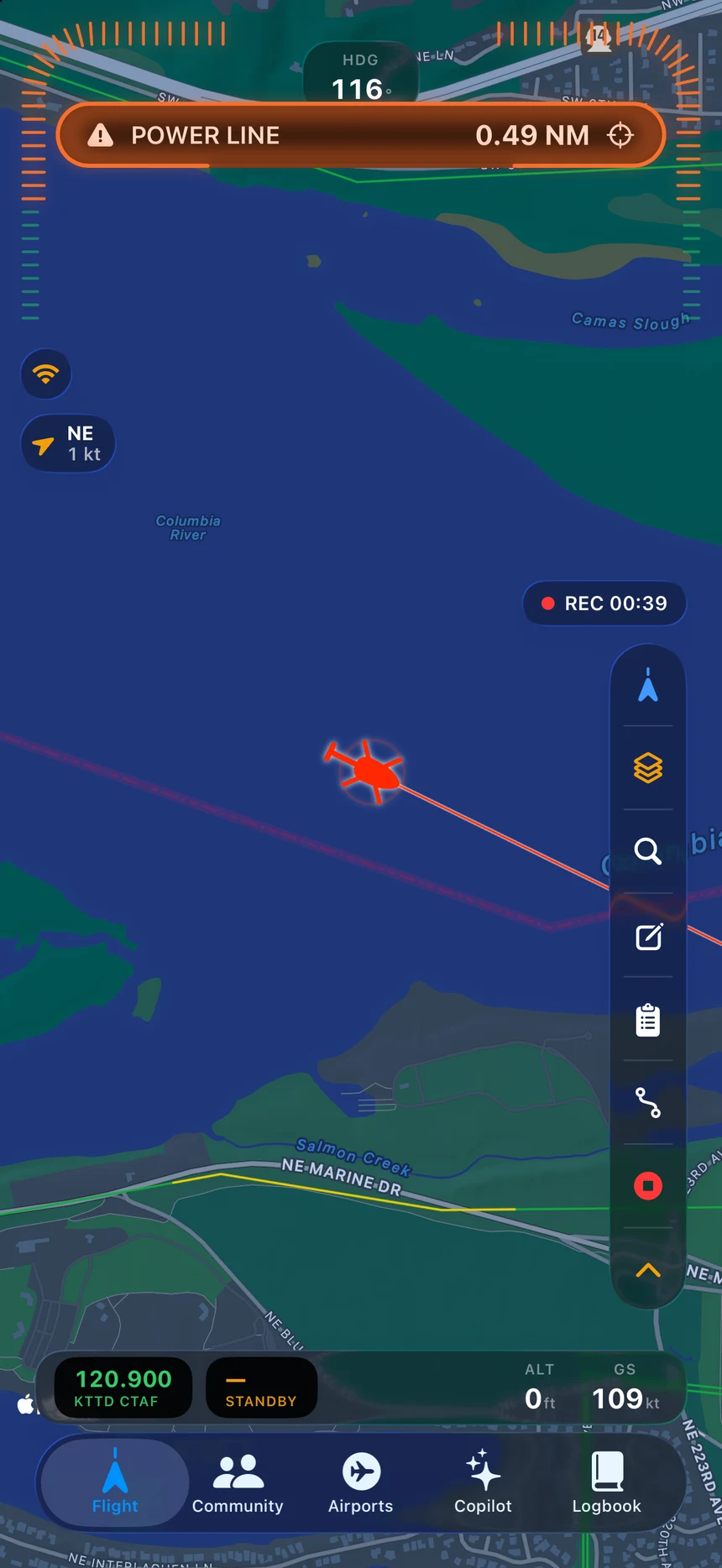 A live POWER LINE alert on the LowOps map at 0.49 nautical miles: the ownship turns red, the span ahead is highlighted, and the alert arc lights on the side the hazard is on.