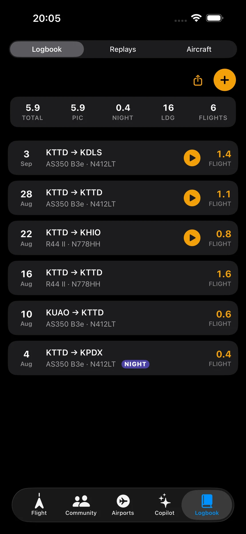 The LowOps logbook: running totals for time, PIC, night and landings, then each flight with its route and aircraft — the ones recorded in the app carry a play button back to the replay.