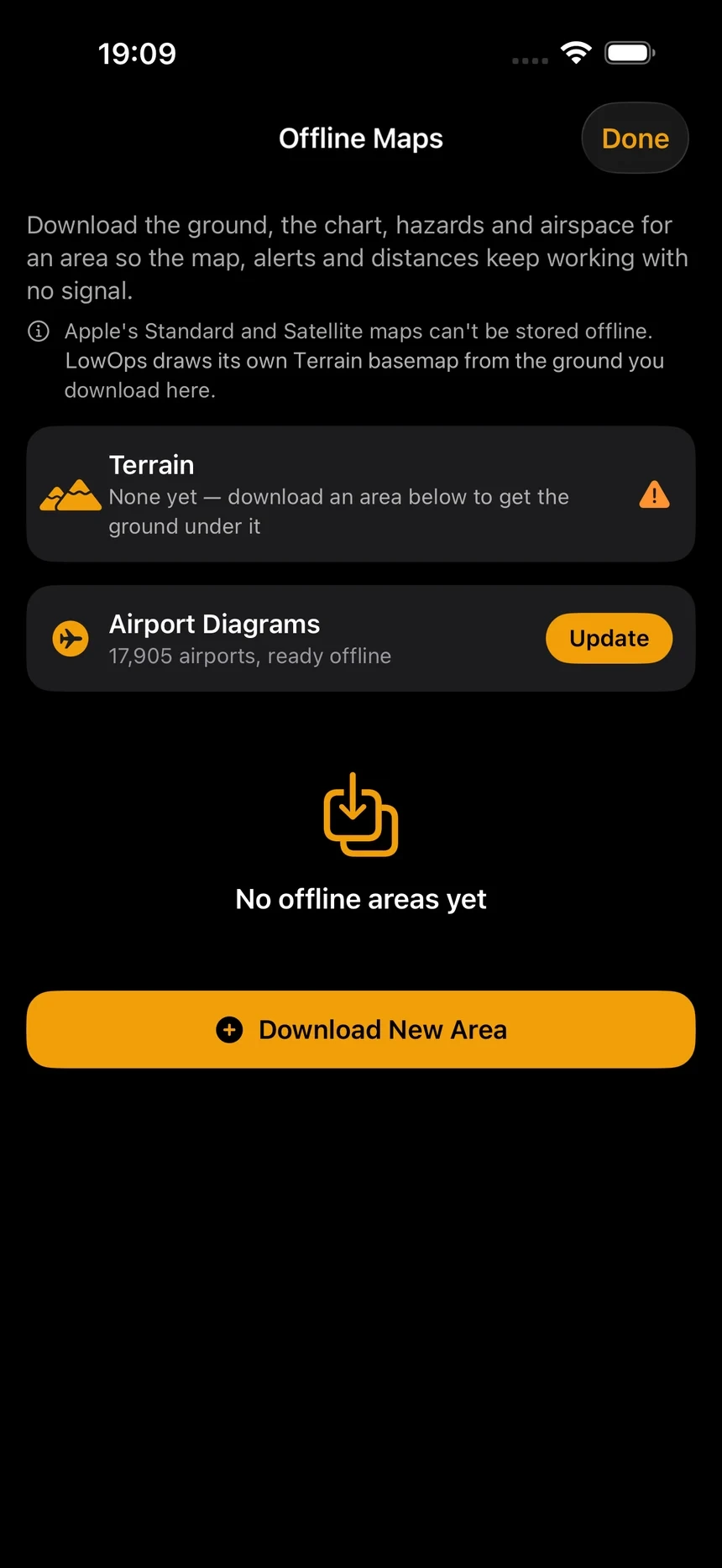LowOps's offline maps: terrain, chart, hazards and airspace downloaded per area, with 17,905 airport diagrams already stored on the device.